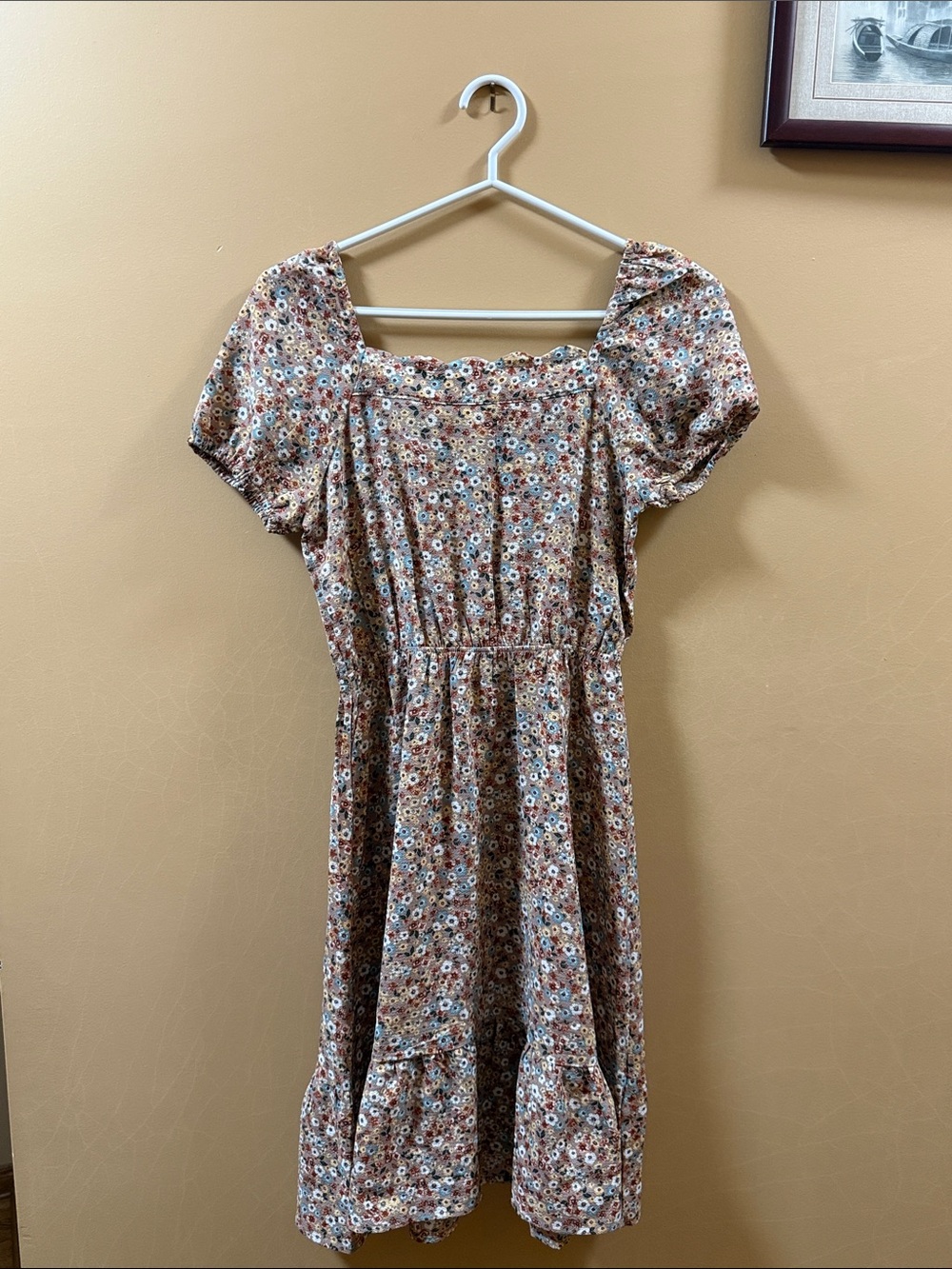 Nude Floral Square-Neck Midi Dress with Puff Sleeves